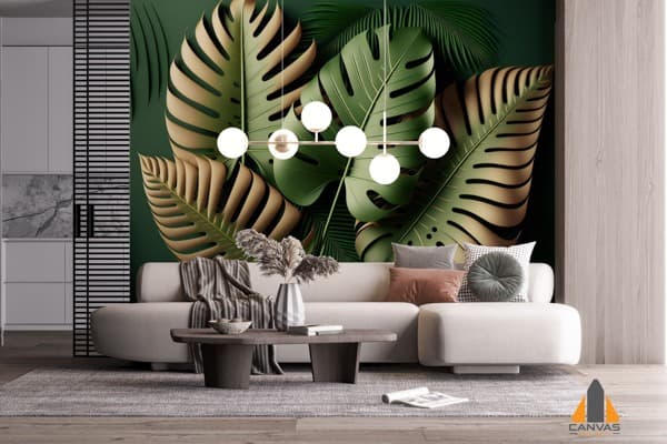 Tropical leaves wall mural in a modern living room, expertly installed by our team for wallpaper installations in Gauteng.