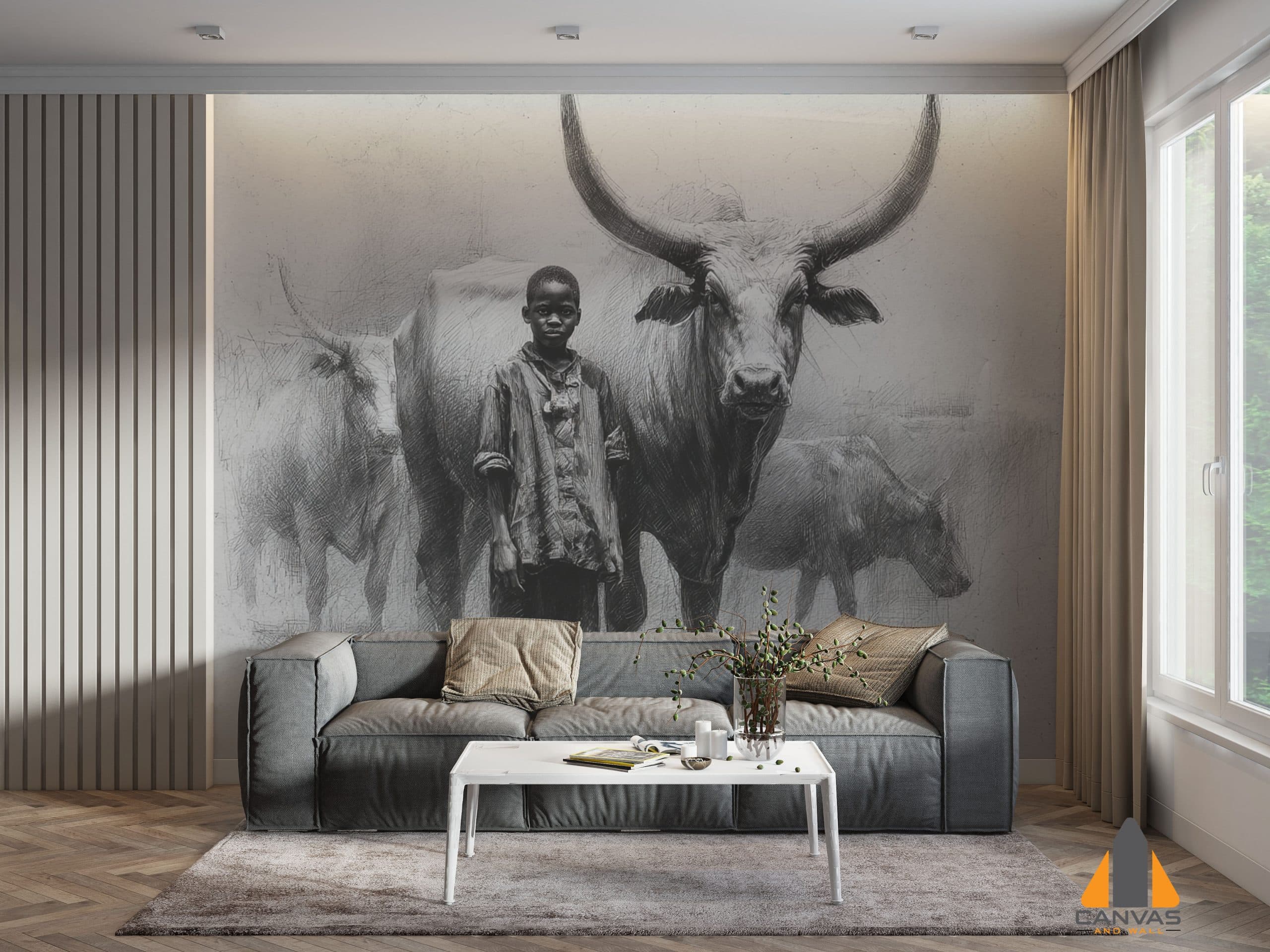 Sketch-style wall mural of a village boy herding cows in a modern living room.