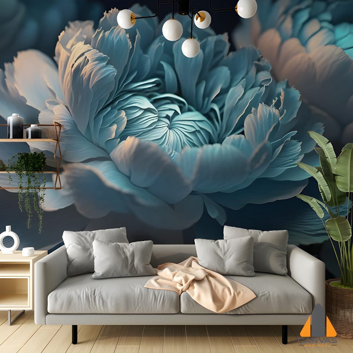 Blue peonies wall mural in a modern living room setting, ideal for wallpaper installations in Gauteng.