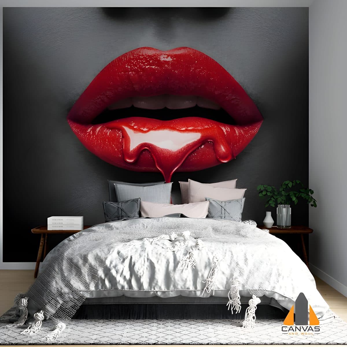 Red lips with dripping liquid wall mural in a modern bedroom, available for wallpaper installations in Gauteng.