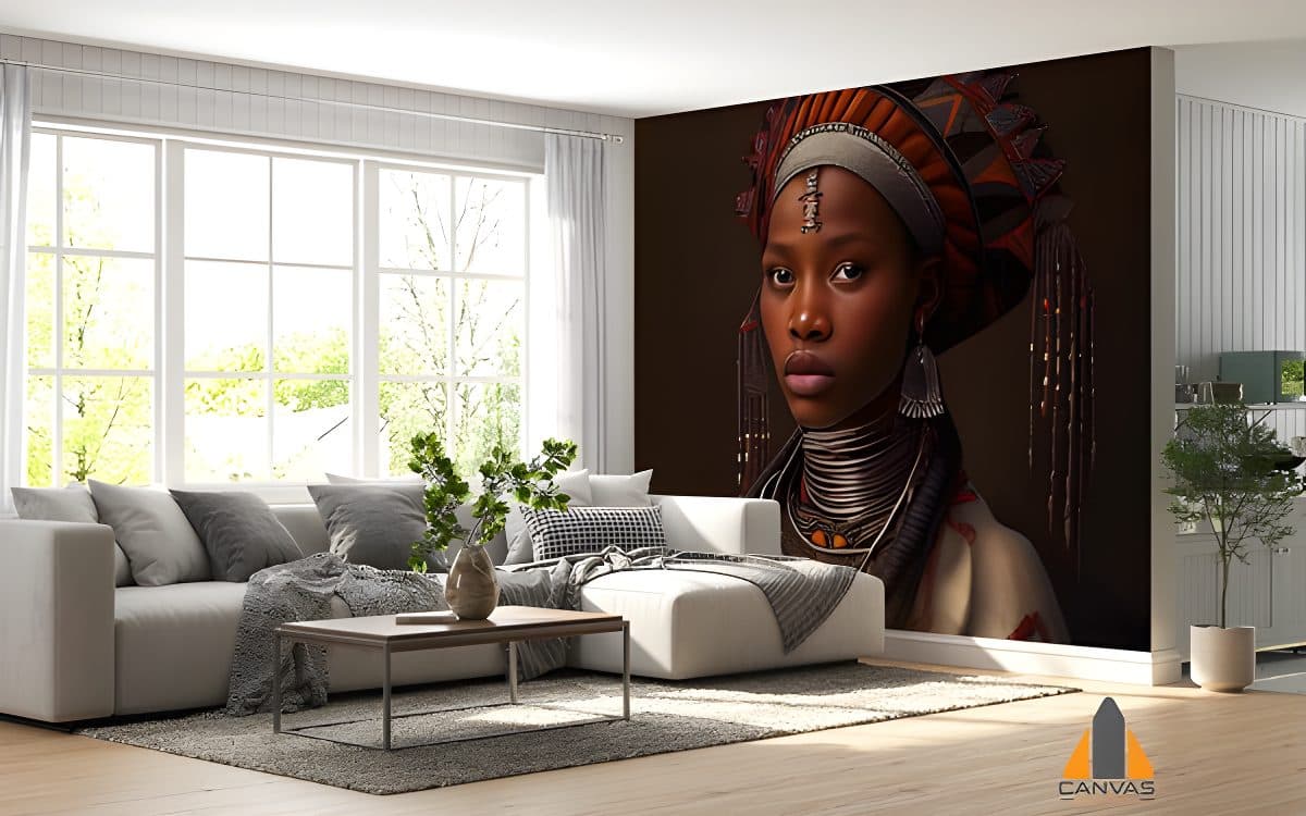 African woman with strong features wall mural in a modern living room, perfect for wallpaper installations in Gauteng.