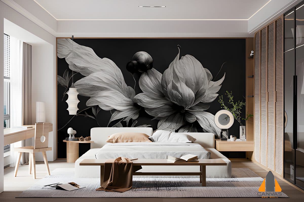 botanical floral artwork in grayscale