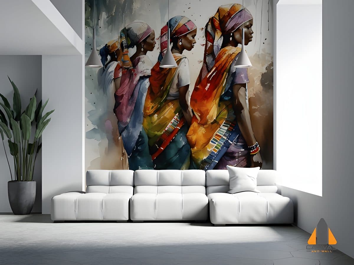 Vibrant tribal women wall mural in a modern living room, expertly installed in Gauteng.