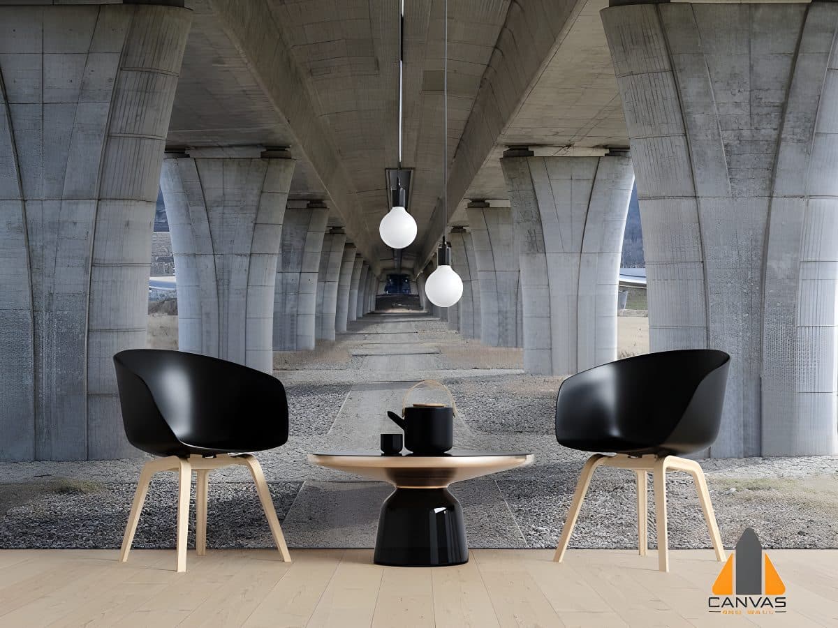 Under a bridge wall mural in a modern living room setting, ideal for wallpaper installations in Gauteng.