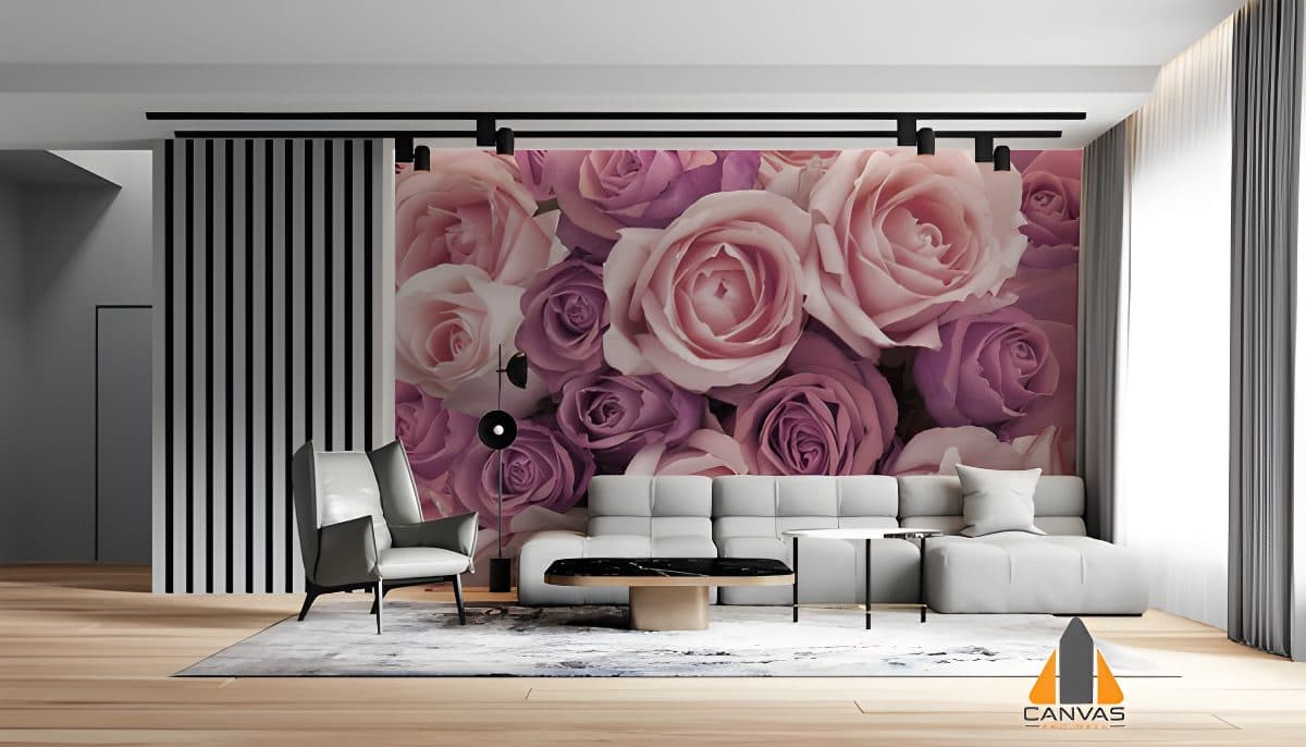 Vibrant purple roses wall mural in a modern living room, expertly installed in Johannesburg.