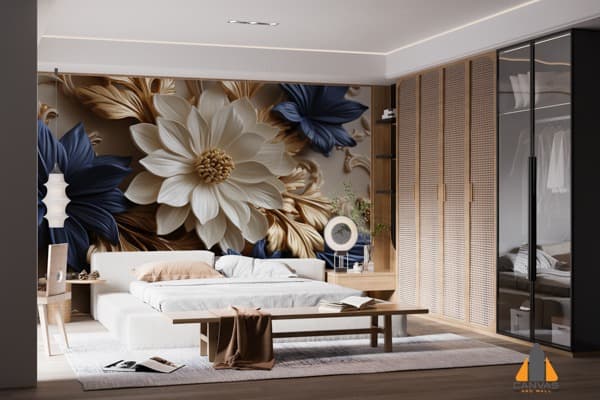 Bedroom with a large 3D floral wall mural featuring gold, white, and blue flowers.