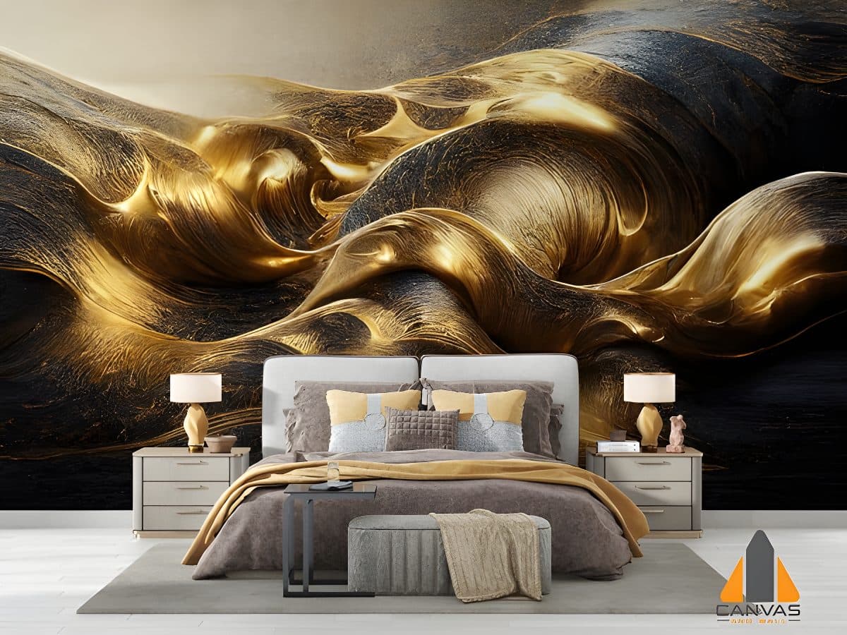 Gold and black abstract wall mural in an elegant bedroom with a large bed.