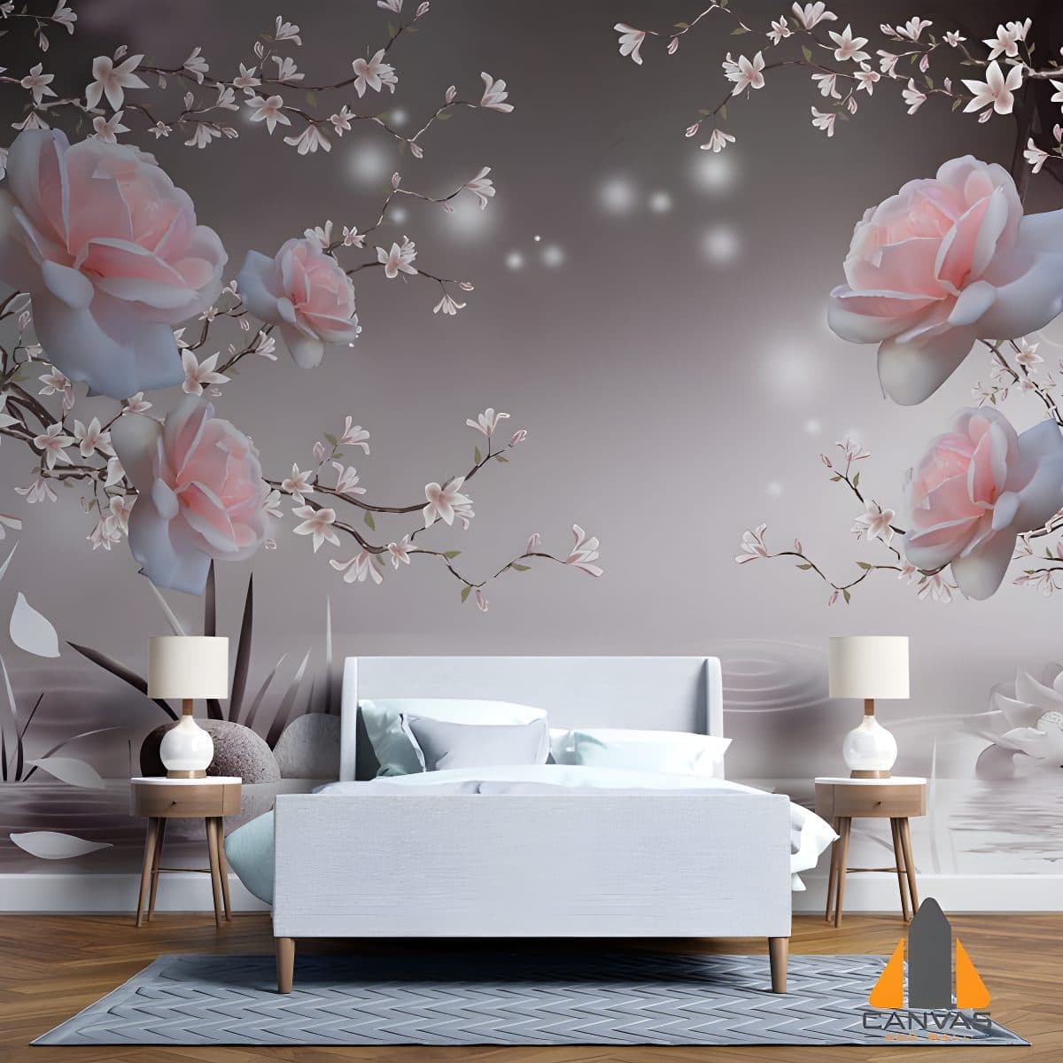 Pink roses and cherry blossoms wall mural in a modern bedroom, showcasing wallpaper installations in Gauteng.