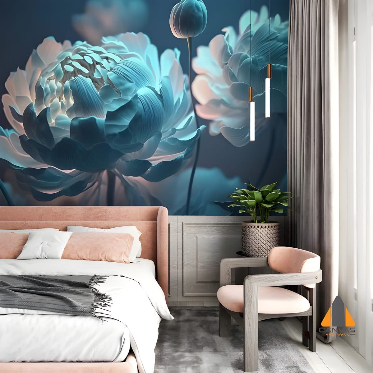 Large blue peonies wall mural in a modern bedroom with a pink bed, ideal for wallpaper installations in Gauteng.