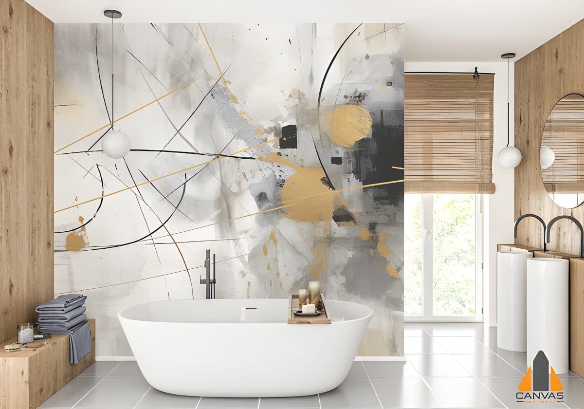 Oil painting abstract wall mural in a modern bathroom with a white tub, ideal for wallpaper installations in Gauteng.