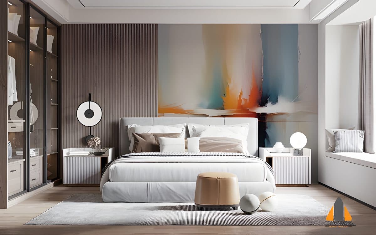 Vibrant abstract wall mural in a modern bedroom with a large bed and wardrobe, available for wallpaper installations in Gaute