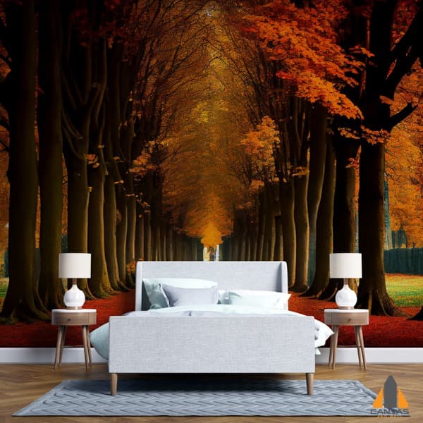 Canopy of autumn trees wall mural in a bedroom, with wallpaper installations in Gauteng.