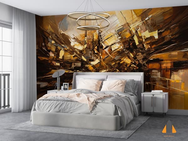 Bedroom with abstract brown and gold wall mural above the bed, with white bedding and two bedside tables.