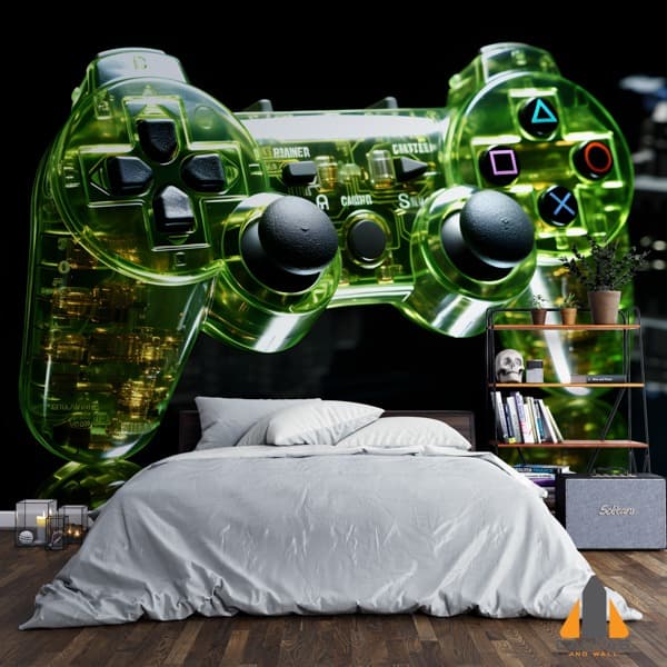 Massive luminous green transparent video game controller wall mural in a modern bedroom.