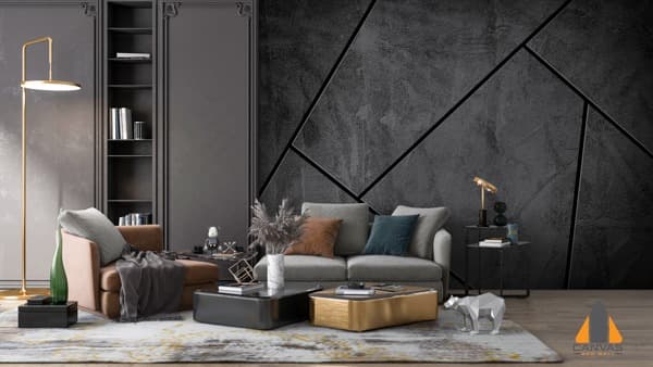 Dark gray mosaic wall mural in a modern living room, perfect for wallpaper installations in Gauteng.