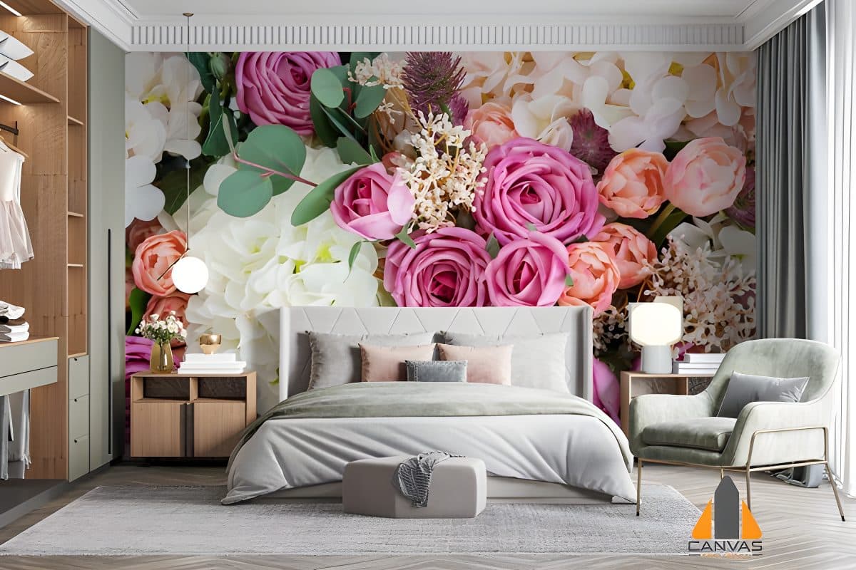 Floral wall mural in a modern bedroom, perfect for wallpaper installations in Gauteng.
