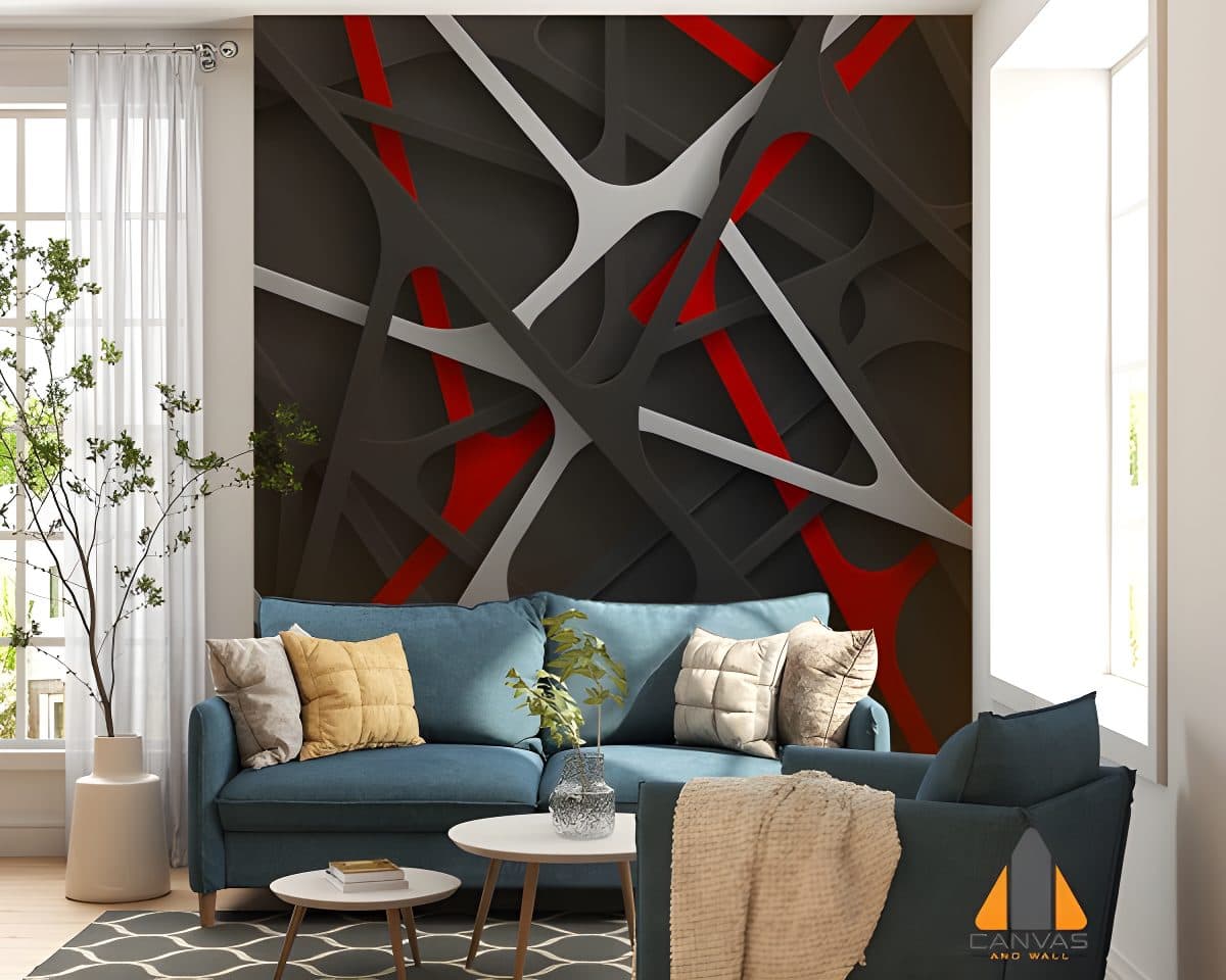 Red, white, and black intersecting lines wall mural in a modern living room, perfect for wallpaper installations.