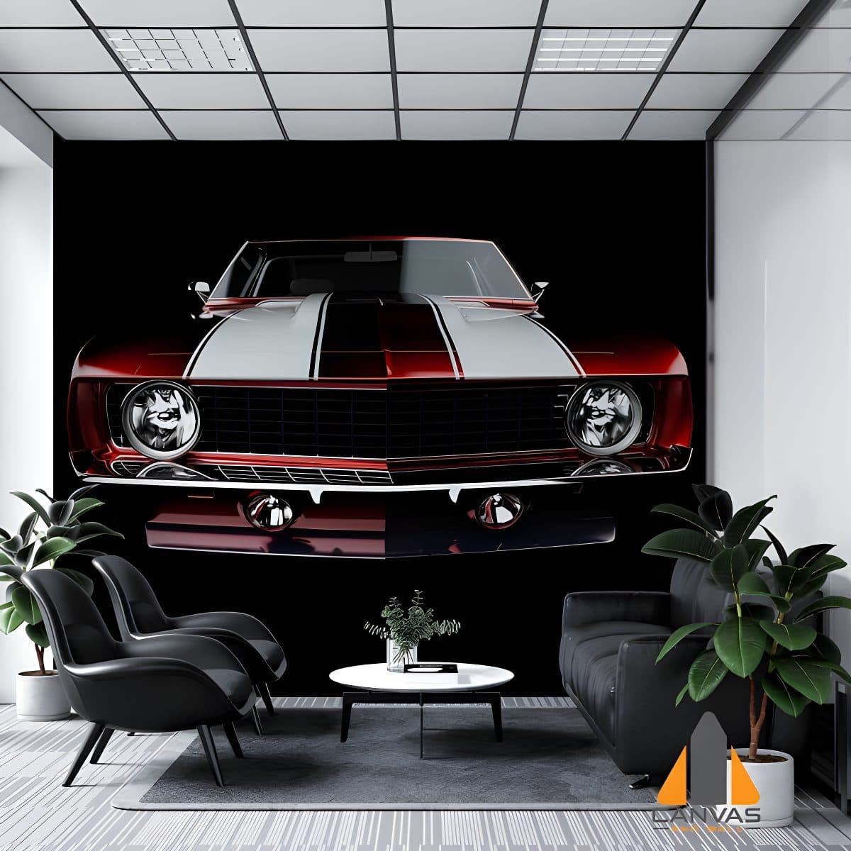 Red and white vintage muscle car wall mural in a modern office, perfect for wallpaper installations in Gauteng.