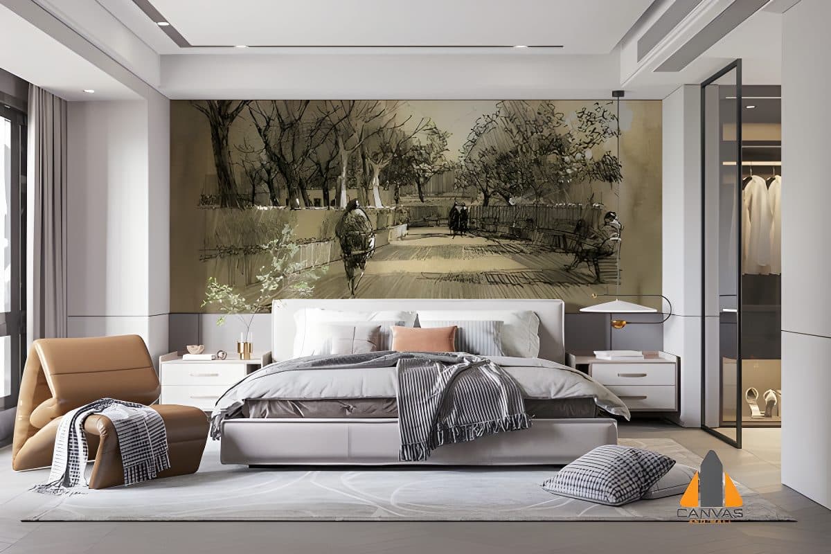 Sketch art wall mural featuring a park scene in a modern bedroom, available for wallpaper installations in Gauteng.