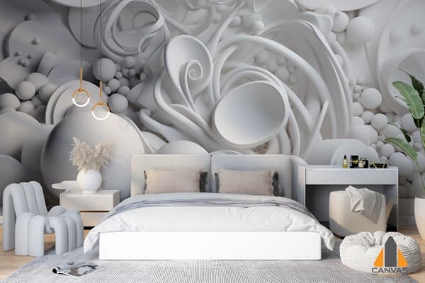 White 3D art wall mural in a modern, minimalistic bedroom with a white bed and furniture.