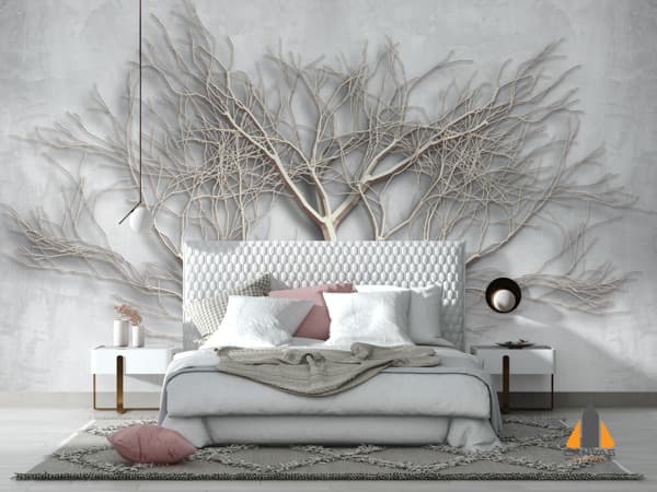 Bare tree wall mural in a modern bedroom, showcasing expert wallpaper installations in Gauteng