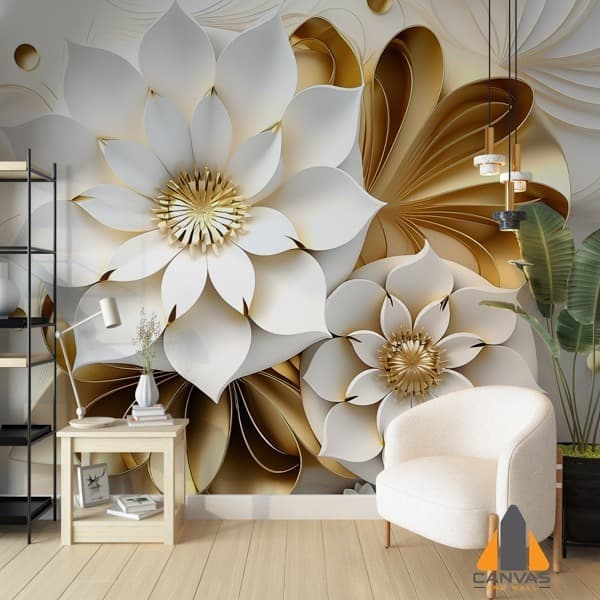 3D gold and white floral wall mural in a modern living room design.