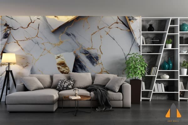 Marble and gold leaf wall mural behind a modern grey sofa, perfect for wallpaper installations in Gauteng.