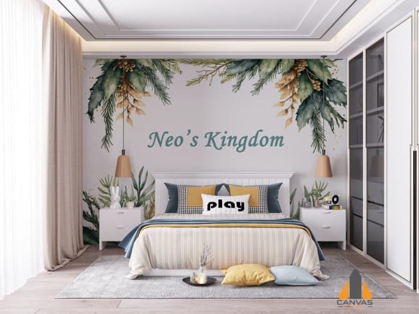 A festive watercolor Christmas frame wall mural in a child's bedroom with "Neo's Kingdom" above the bed.