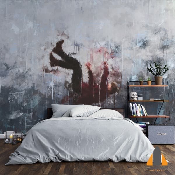 Abstract art wall mural in a dark bedroom, perfect for wallpaper installations in Gauteng.