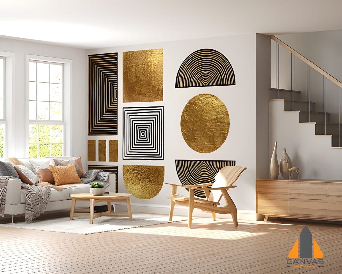 Gold and black geometric custom wallpaper in a modern living room with natural light.