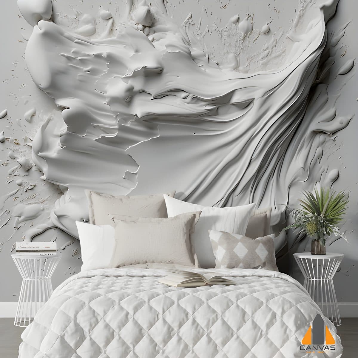 White abstract textural wall mural behind a bed with neutral pillows, perfect for wallpaper installations.
