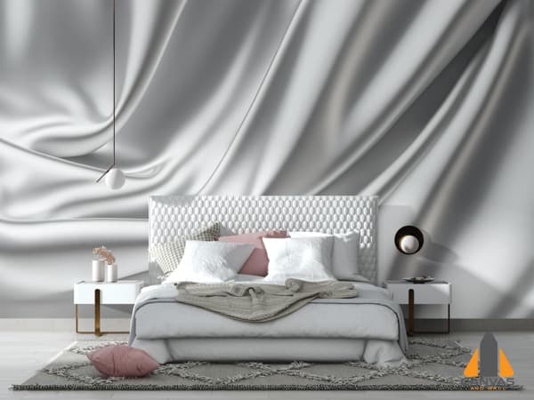 Opulent bedroom with silver satin texture wall mural, perfect for wallpaper installations in Gauteng.