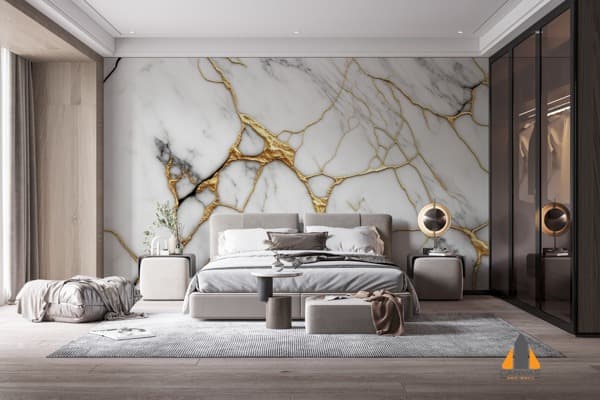 White marble with gold vein wall mural behind bed in a modern bedroom, available for wallpaper installations in Gauteng.