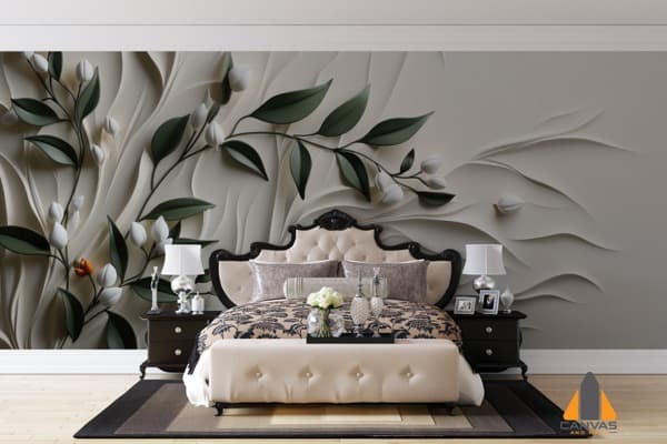 Bedroom with a elegant wall mural featuring white paint texture and green leaves, a custom wallpaper installation.