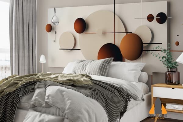 Modern geometric wall mural behind a bed, featuring white and brown circles, perfect for wallpaper installations in Gauteng.