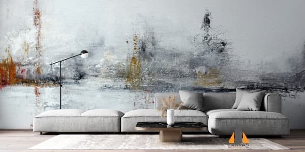 White abstract acrylic painting wall mural in a modern living room, perfect for wallpaper installations Johannesburg.