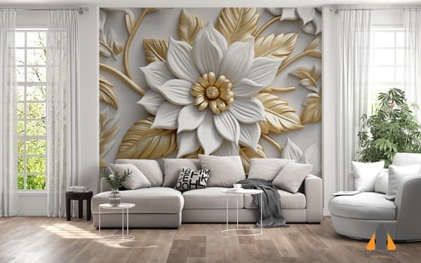 White and gold flower wall mural in a modern living room, expertly installed in Gauteng.
