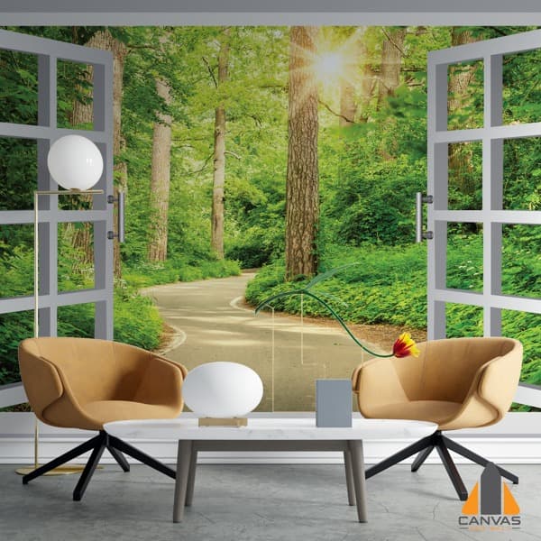 Sunlit forest path window wall mural in a modern living room, perfect for wallpaper installations in Gauteng.