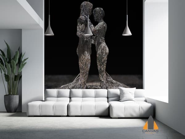 Wire-made couple wall mural in a modern living room with white sofa, completed by wallpaper installations in Gauteng.