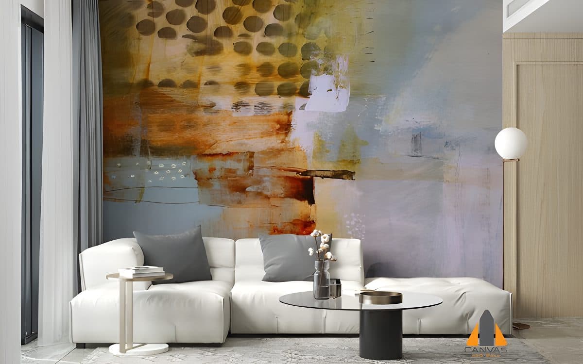 Abstract custom wallpaper installation in a modern living room with a white sectional sofa.