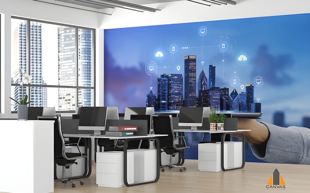 Futuristic cityscape wall mural in a modern office, ideal for wallpaper installations in Gauteng.