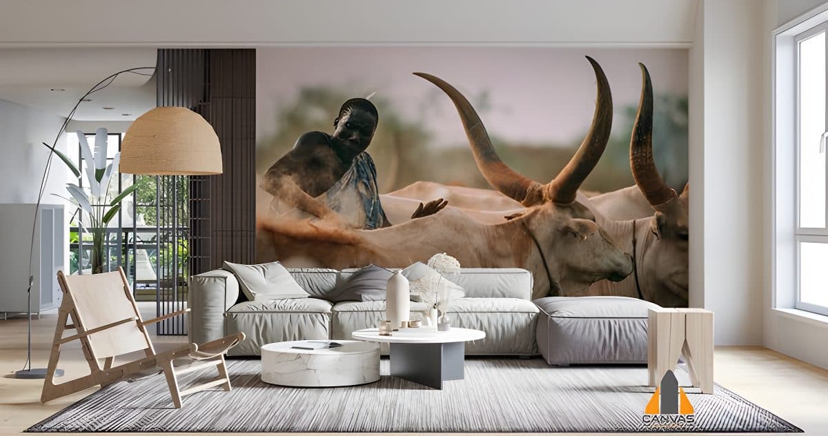 Sudan Ankole Cattle wall mural in a modern living room, perfect for wallpaper installations in Gauteng.