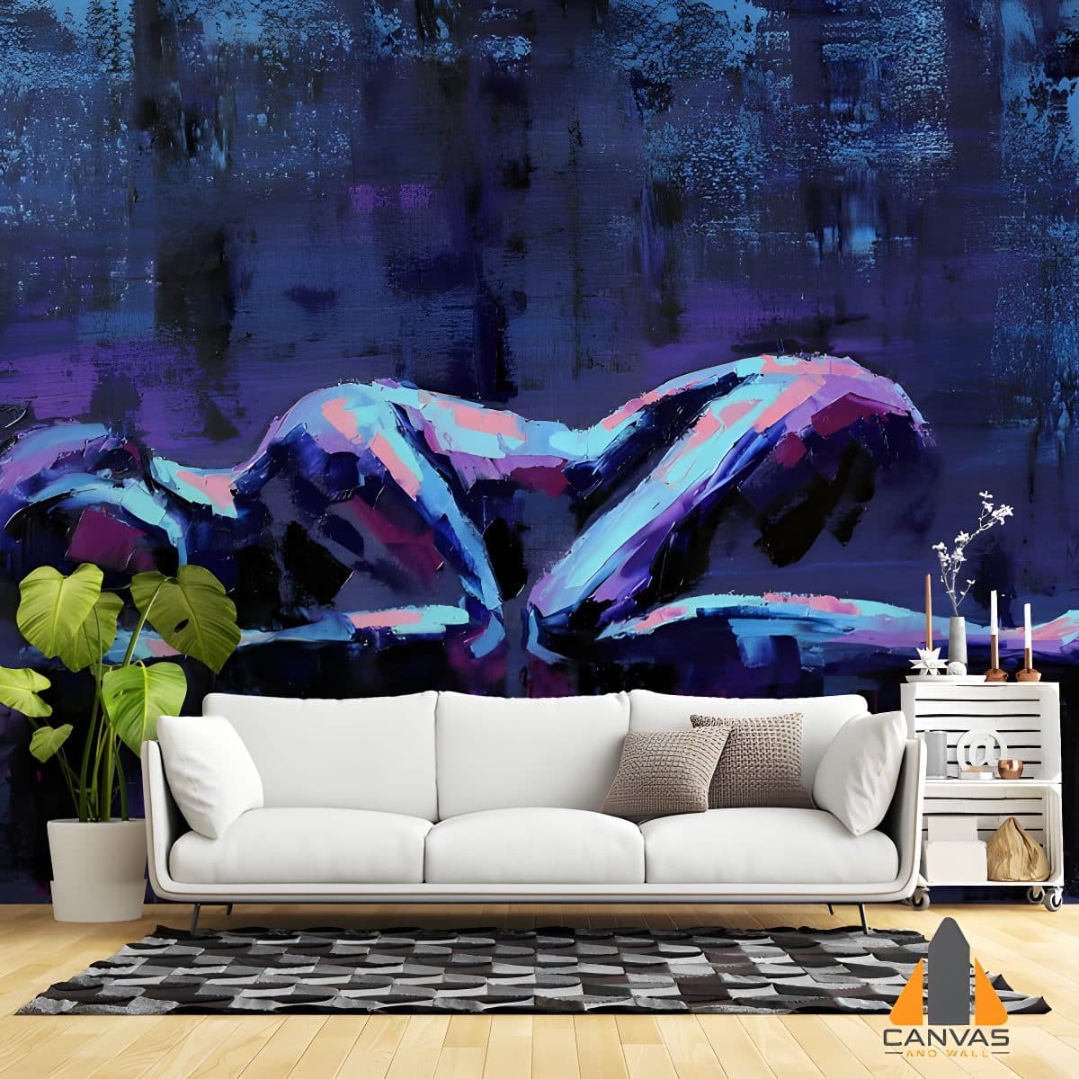 Abstract sleeping woman wall mural in a modern living room, with wallpaper installations in Gauteng.