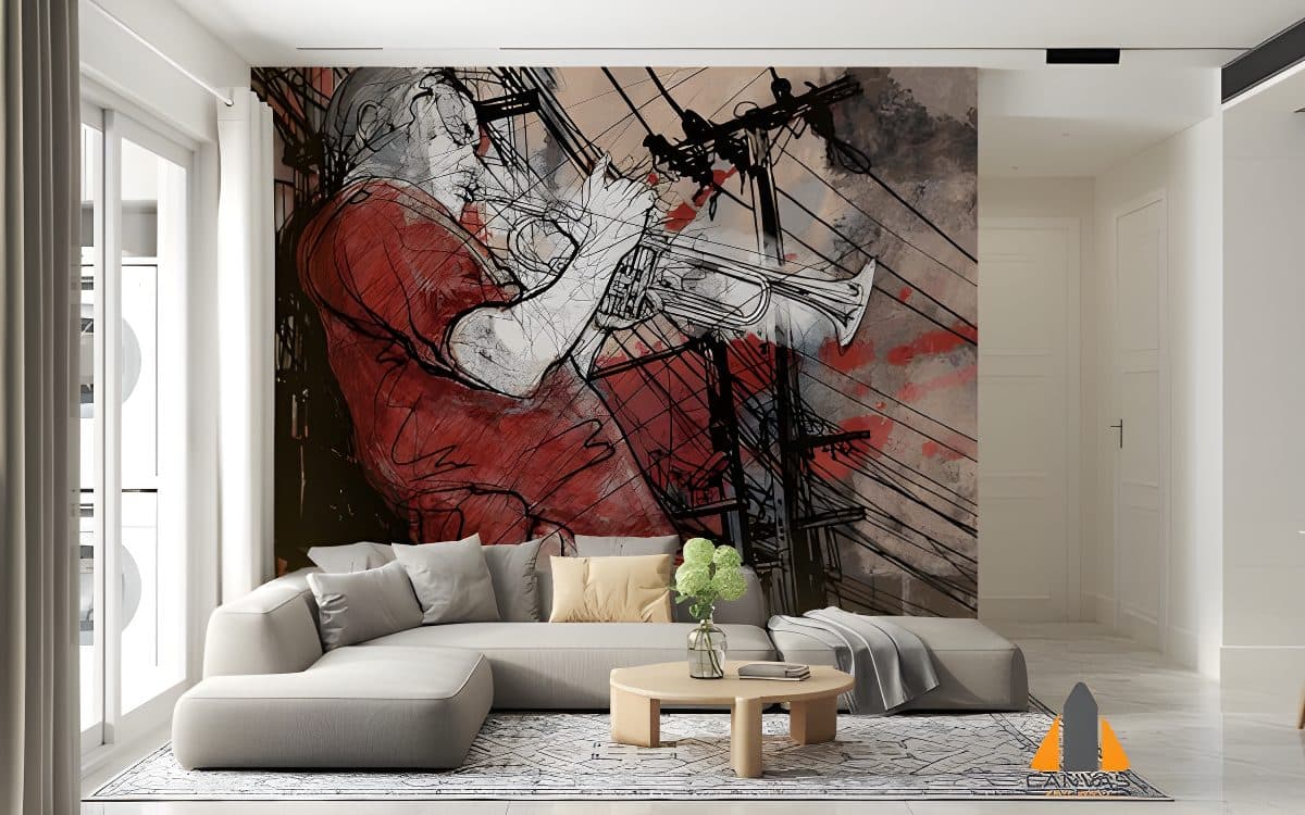 Jazz musician playing trumpet wall mural in a modern living room, perfect for Johannesburg homes.