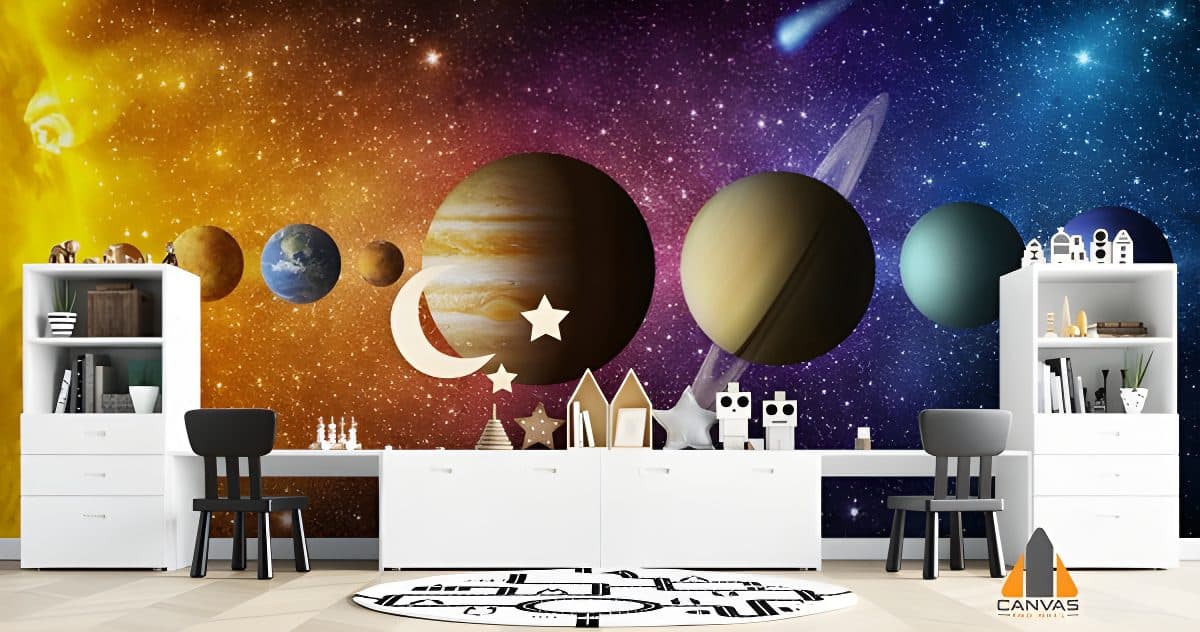 Vibrant planets wall mural in a child's bedroom, perfect for wallpaper installations in Gauteng.