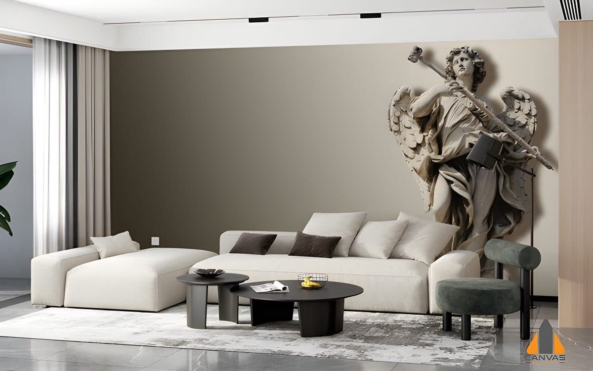 Angel with staff wall mural in a modern living room with beige furniture, from a top wallpaper company.