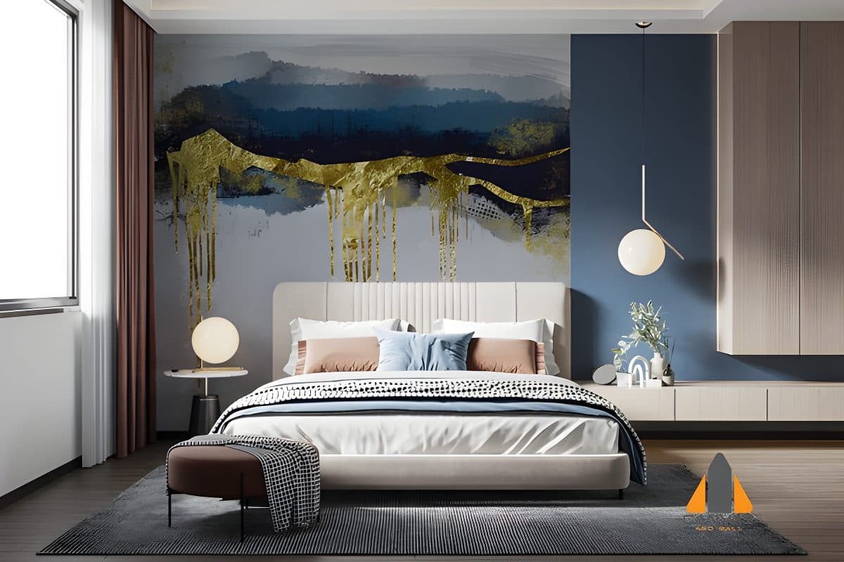 Abstract gold and blue wall mural in a modern bedroom, showcasing expert wallpaper installations Johannesburg