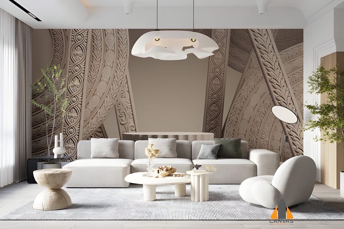 Intricate carved bohemian wall mural in a modern living room with neutral furniture, ideal for wallpaper installations in Gau