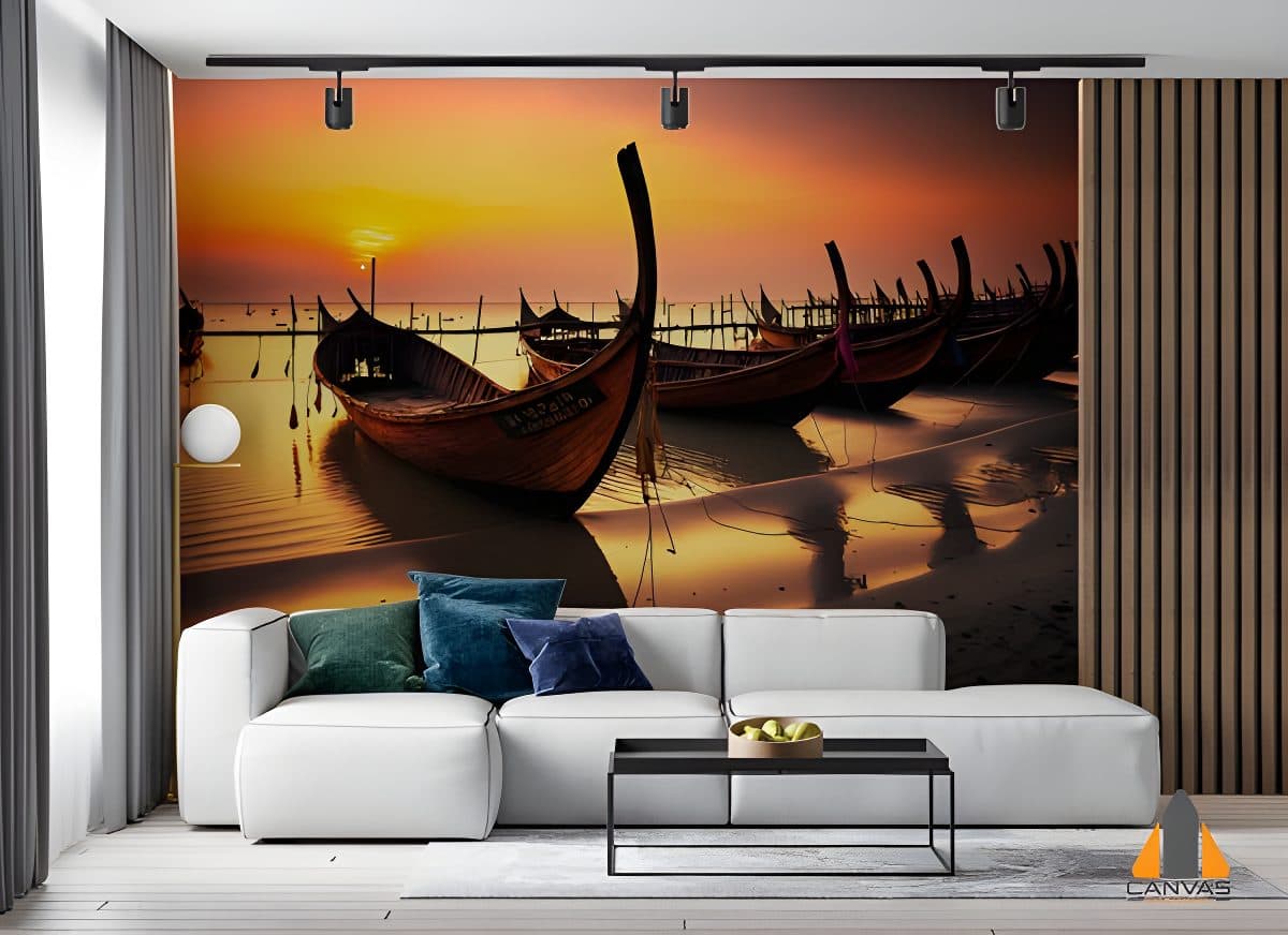Traditional fishing boats at sunset wall mural in a modern living room, expertly installed by Canvas & Wall.