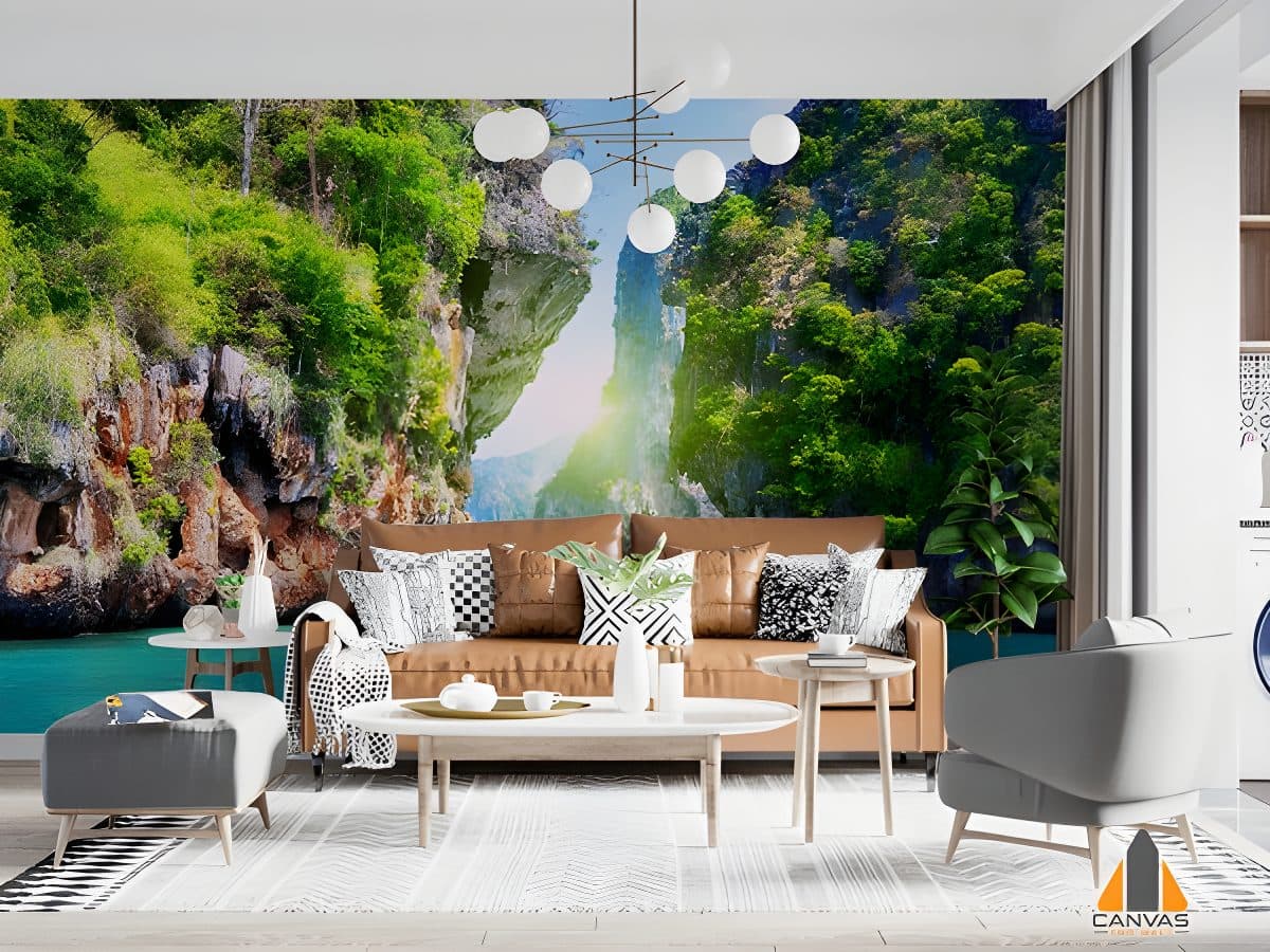 Tropical island bay wall mural in a modern living room with a brown leather couch.